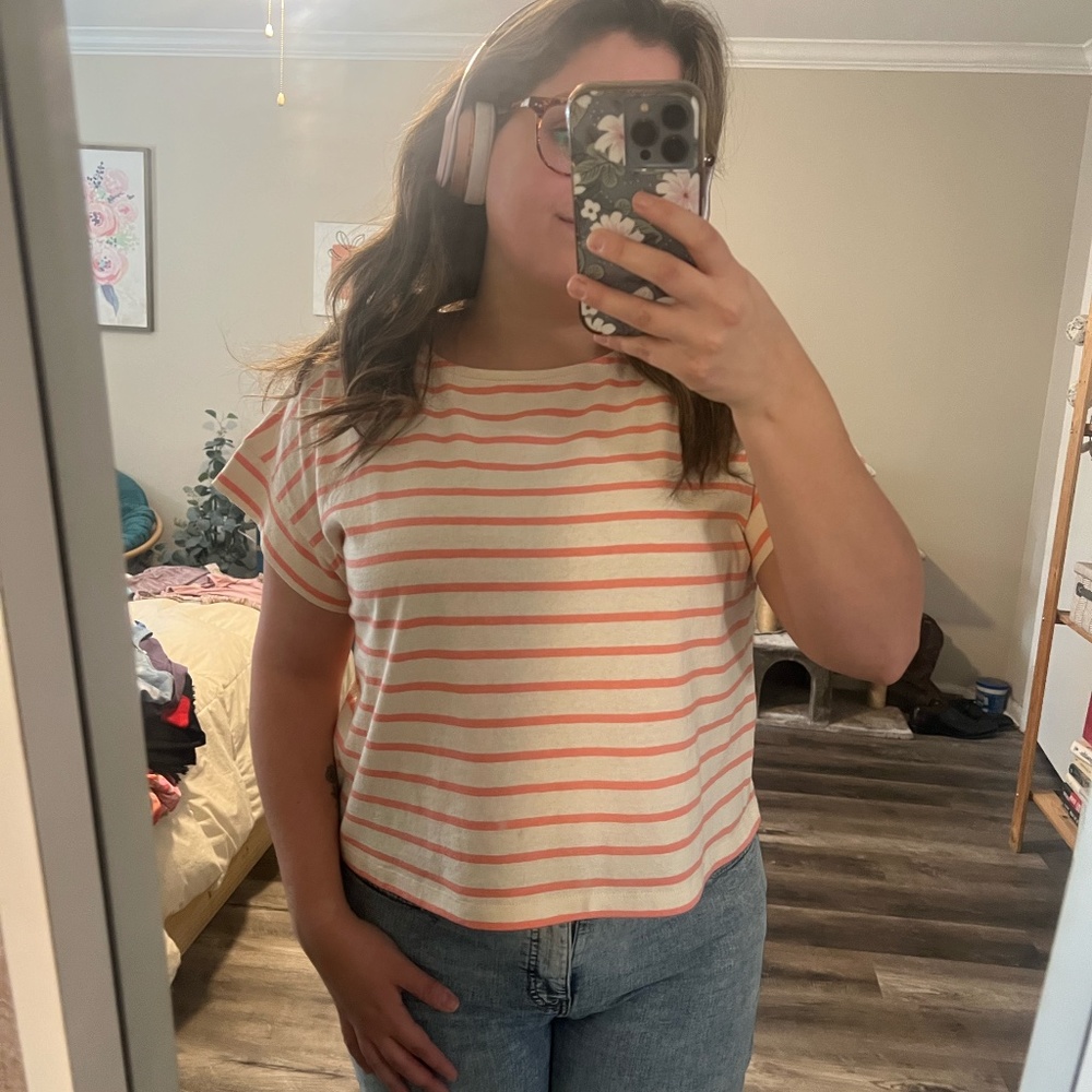 Madewell Pink/White Strip Crop Tee Size L